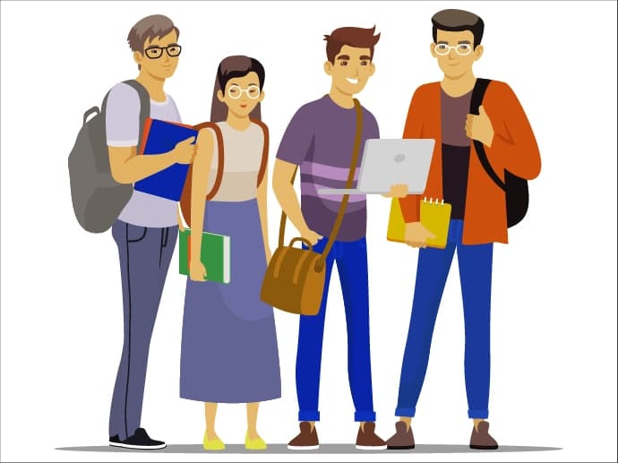 A group of four diverse students with backpacks and books, representing IT internship candidates.