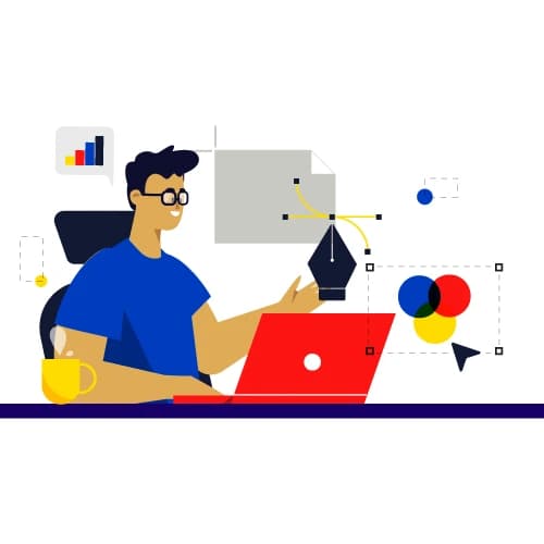 An illustration of a team maintaining a business website and application